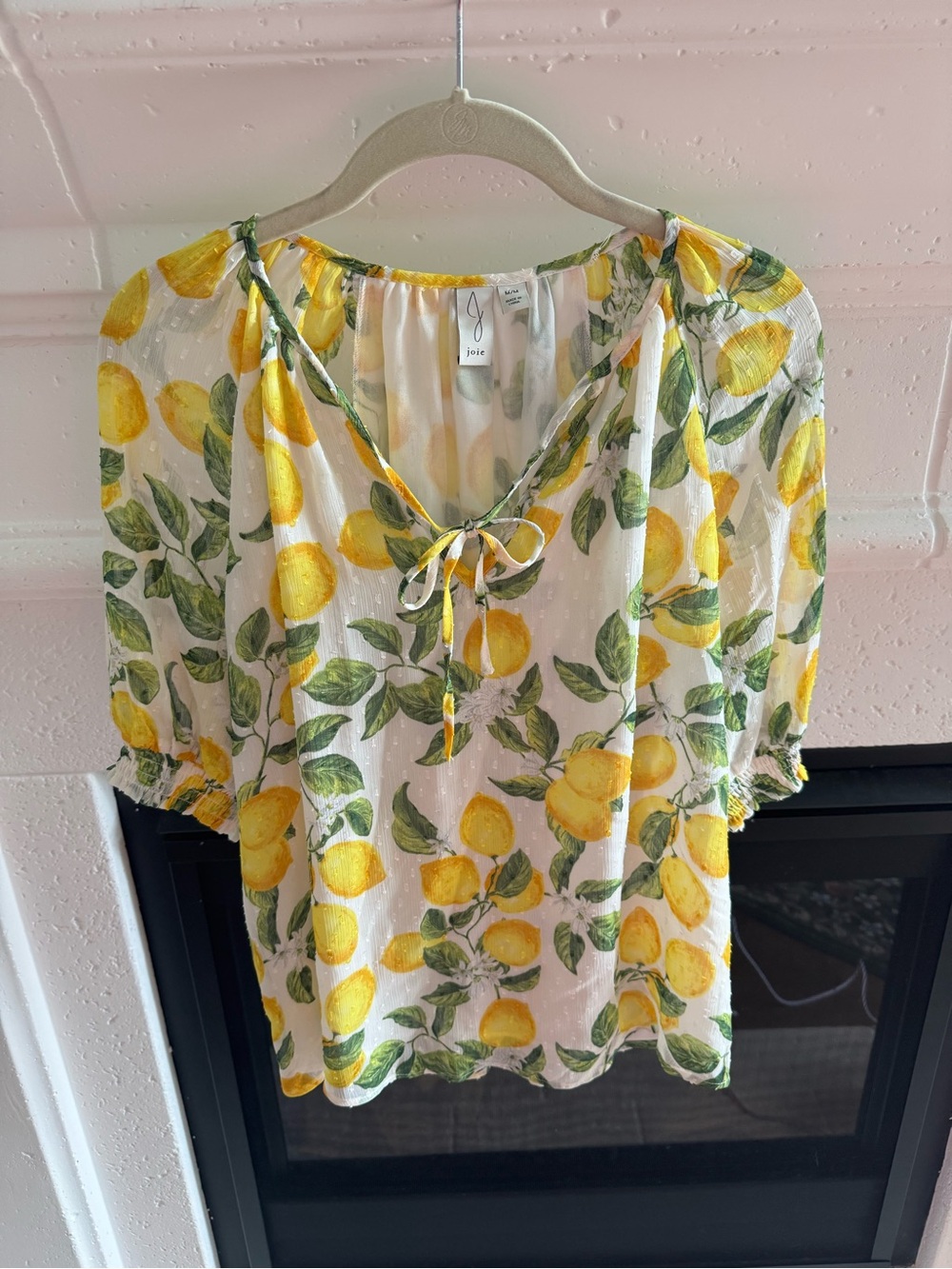 Joie Cream Lemon-Print Tie Neck Blouse